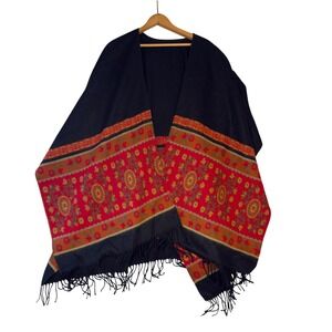 Made in Frances Suzani Pattern of Black Red Floral Fringe, Poncho Cape Wrap Shaw